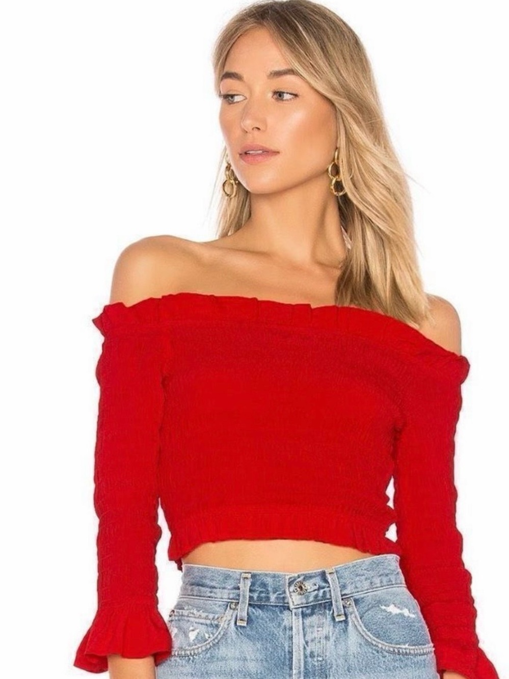 Lovers + Friends Hampton Smocked Off-the-Shoulder Cropped Shirt in Red